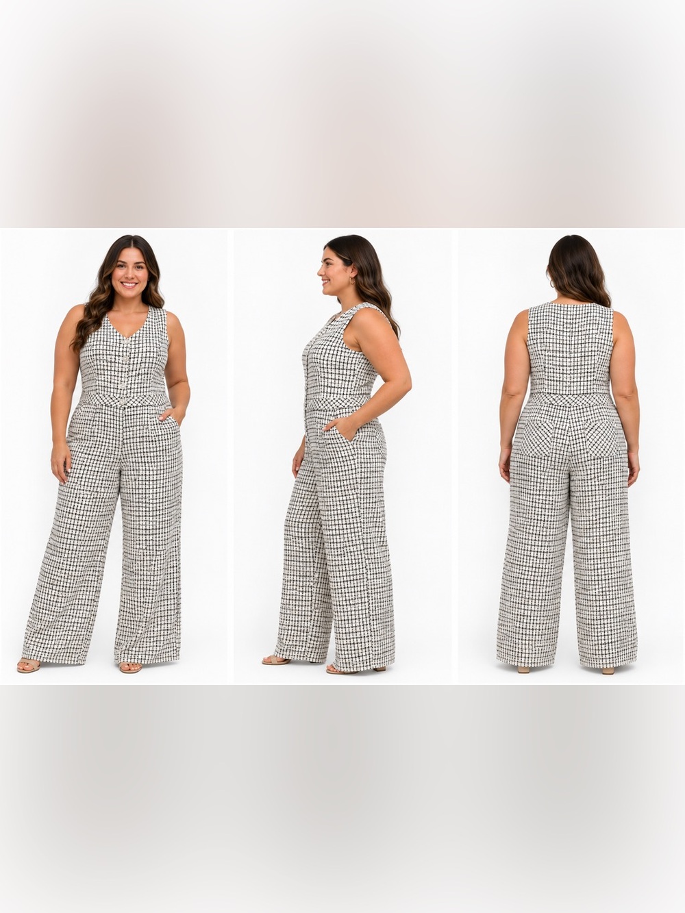 Anewsta Tweed Wide Leg Jumpsuit XL Pearl Buttons